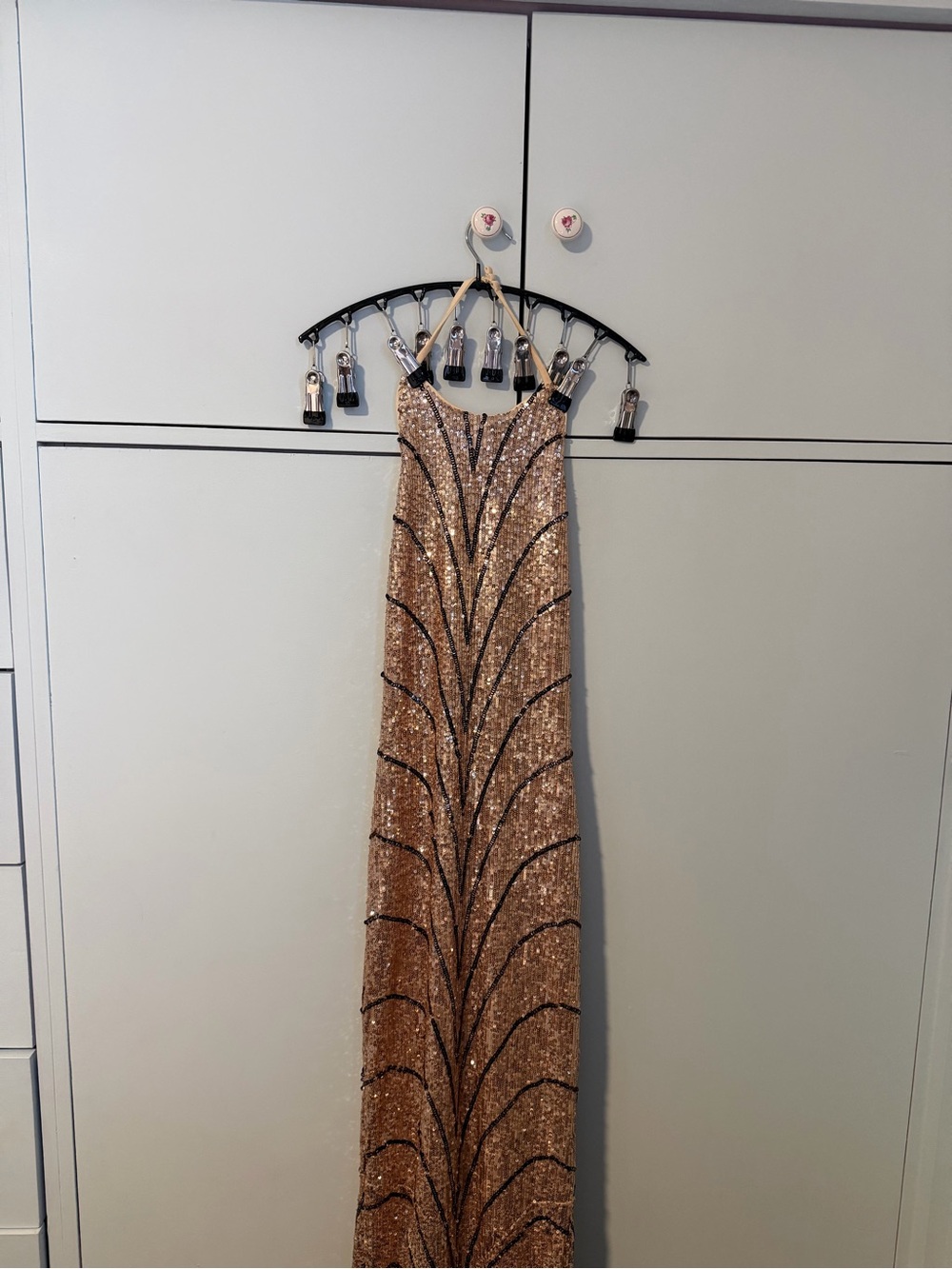 Michael Costello Gold and Black Logo Strap Dress